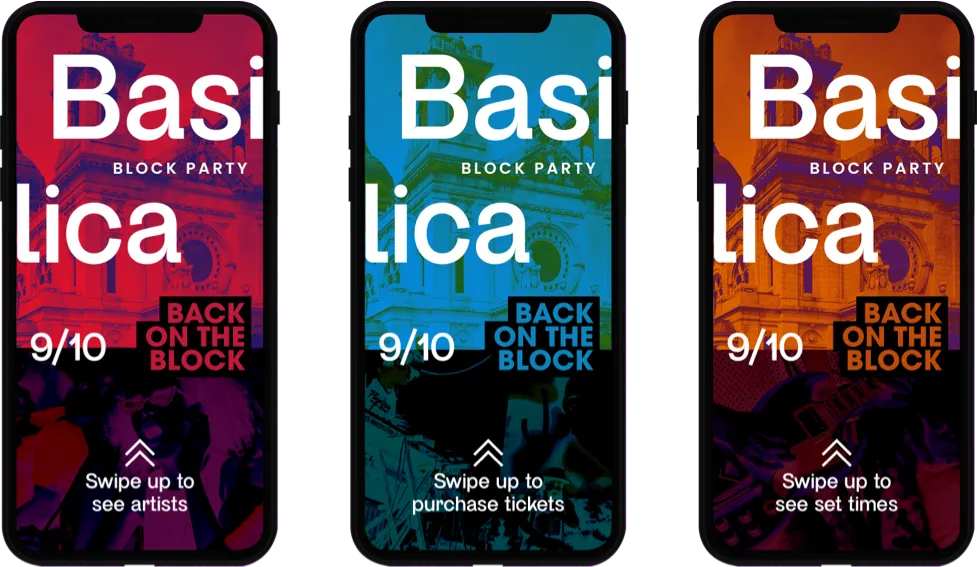 3 phones with Basilica Block Party ads in different colors